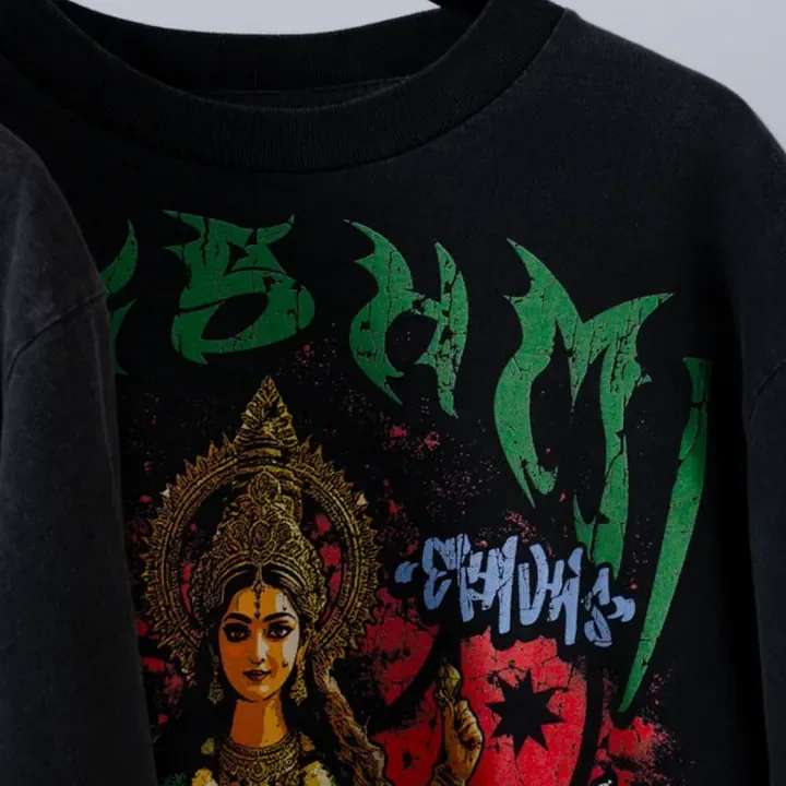 ตัวอย่างรายละเอียดงานสกรีน DTG บนเสื้อสีดำจาก Cottonique DTG
